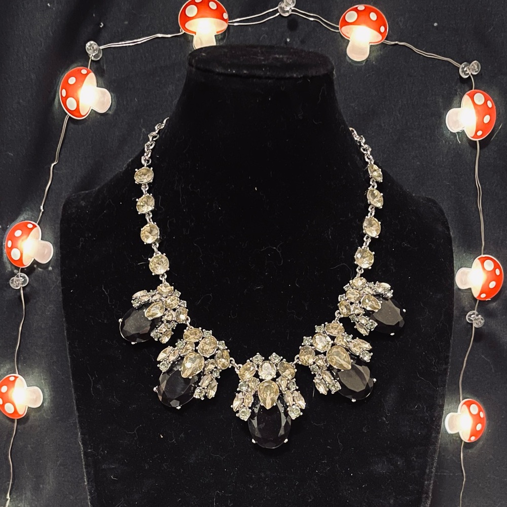 Vintage Talbots Black Gold & Silver w/ Crystals & Rhinestones Statement Necklace